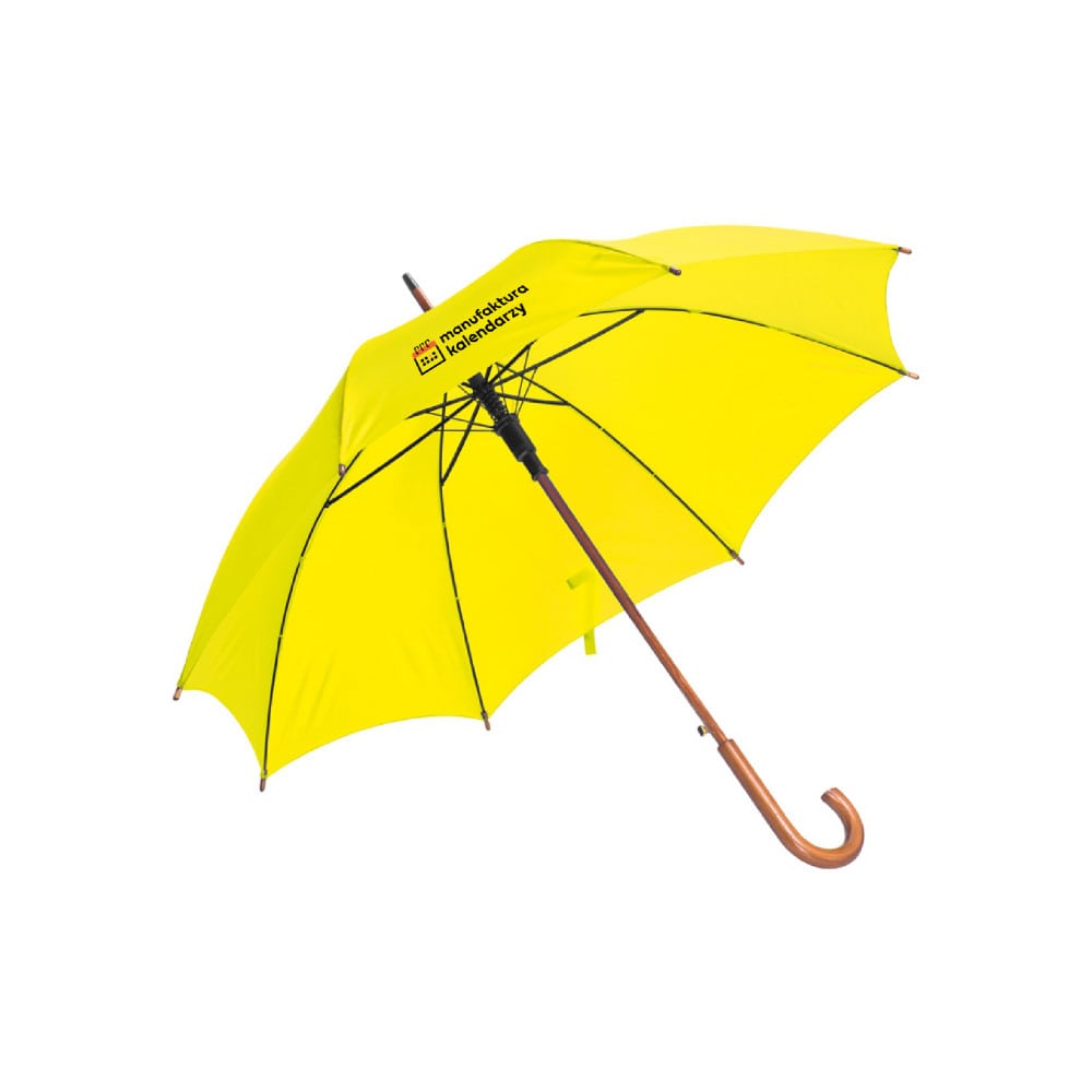 żółty parasol z logo i drewnianą rączką